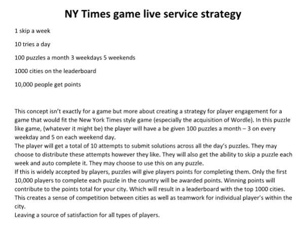NY Times game live service strategy diagram: 1 skip a week, 10 tries a day, 100 puzzles a month, 1,000 cities on the leaderboard, 10,000 people get points