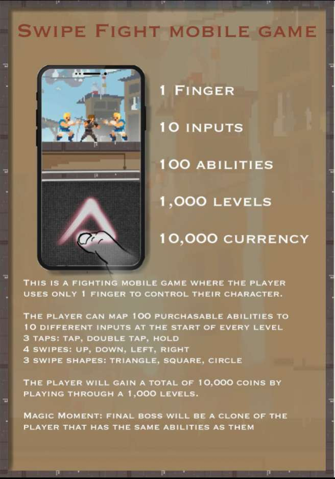 Swipe Fight mobile game concept diagram: 1 Finger, 10 Inputs, 100 Abilities, 1,000 Levels, 10,000 Currency
